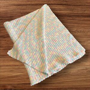 Vintage Handknit Crochet Baby Blanket Soft Rainbow Pastel Pattern